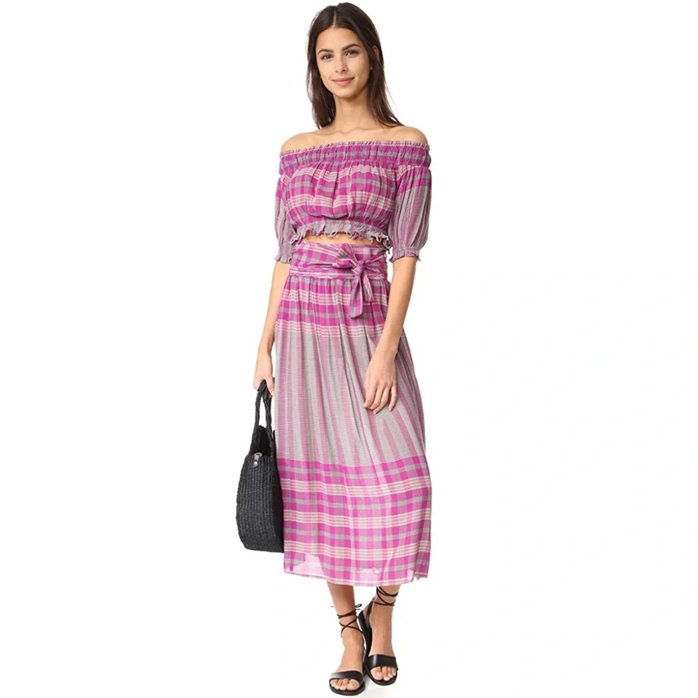 FULL SET Matching Set Apiece Apart Plaid Midi Skirt & Off the Shoulder Crop Top